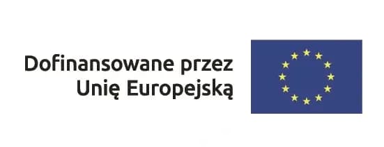Napis "Dofinansowane przez Unię Europejską" i flaga europejska przedstawiająca 12 złotych gwiazd na błękitnym tle